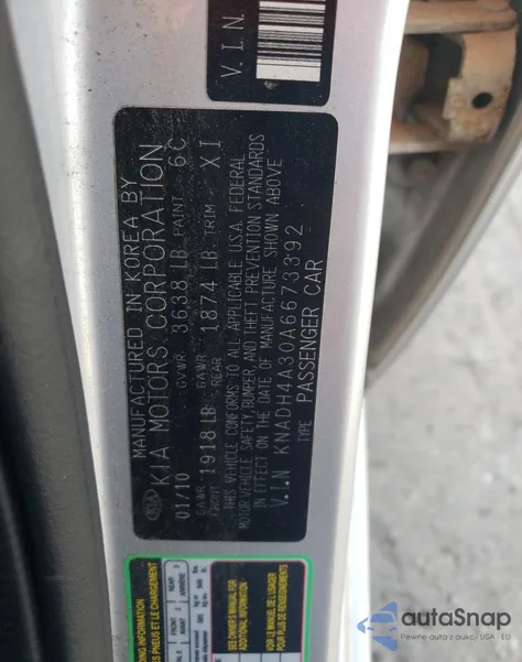 2010 Kia Rio Lx from USA, damaged, VIN KNADH4A30A6673392